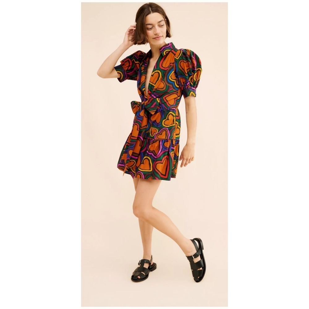 Farm Rio Short Sleeve Bow Front Mini Dress Heart Print Multi Color M